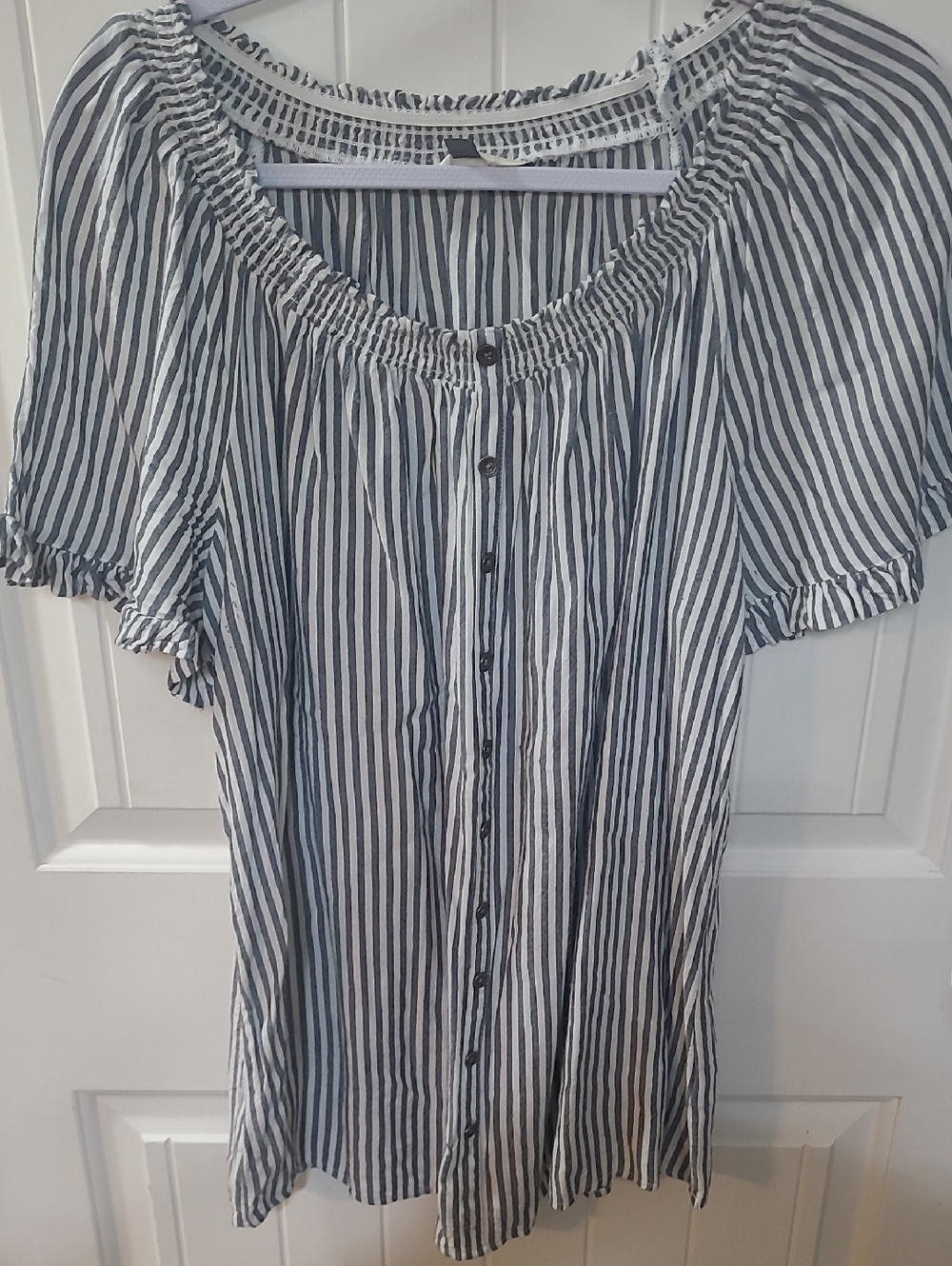 Terra & Sky Navy & White Striped Off-Shoulder Button Front Top 0X 14W
